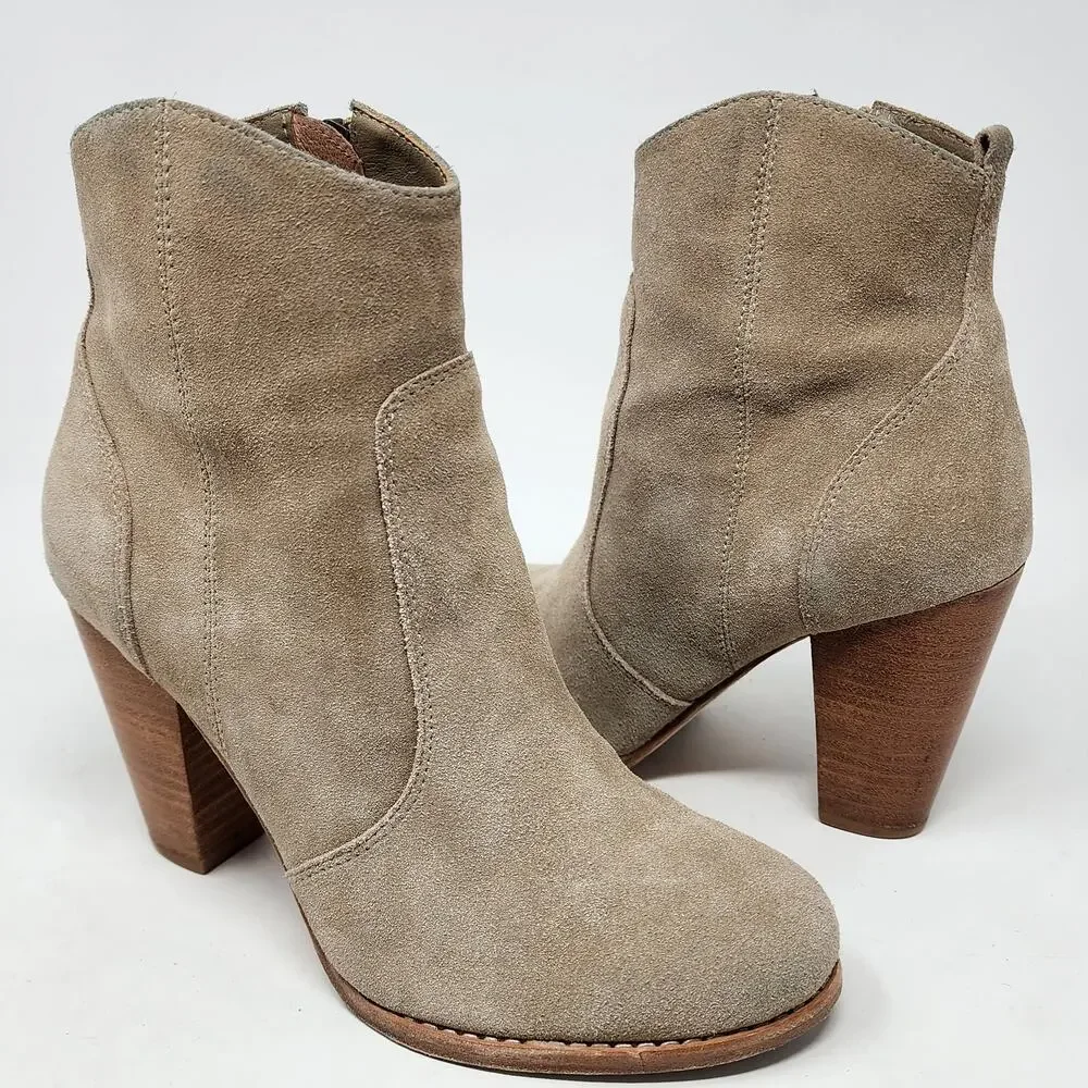 JOIE Dalton Heeled Booties Women EU37.5/US7 Tan Suede Stacked Heel Braid Zip